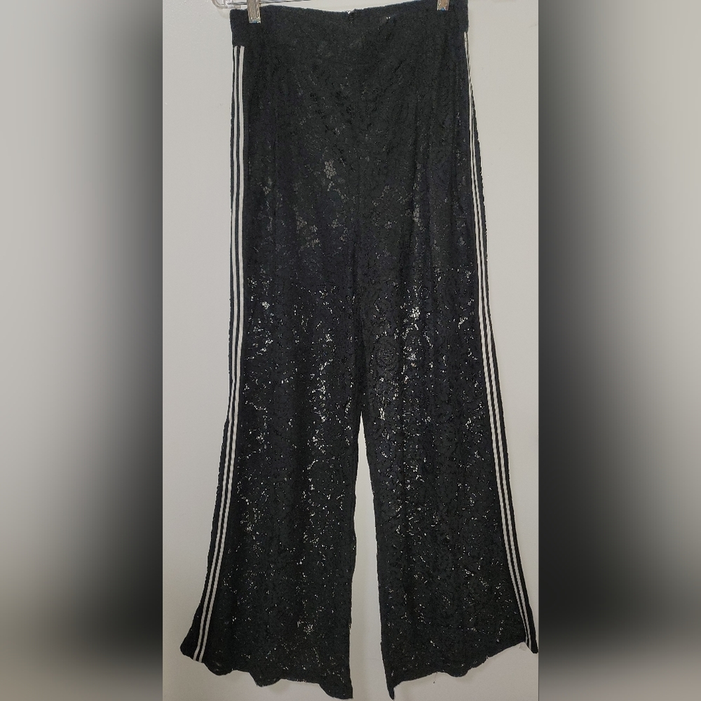 New WHY Dress Black Lace Wide Leg Tuxedo Stripe Pants With Shorts Lining Small - Picture 2 of 16